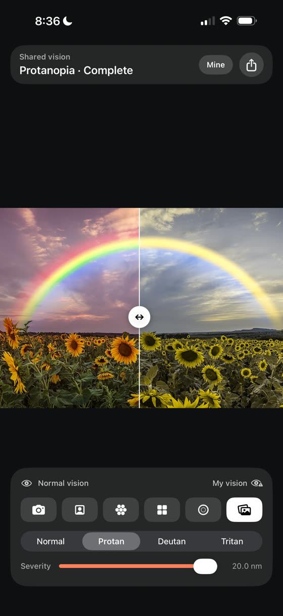 Un arcoíris sobre girasoles, a la derecha con protanopía completa