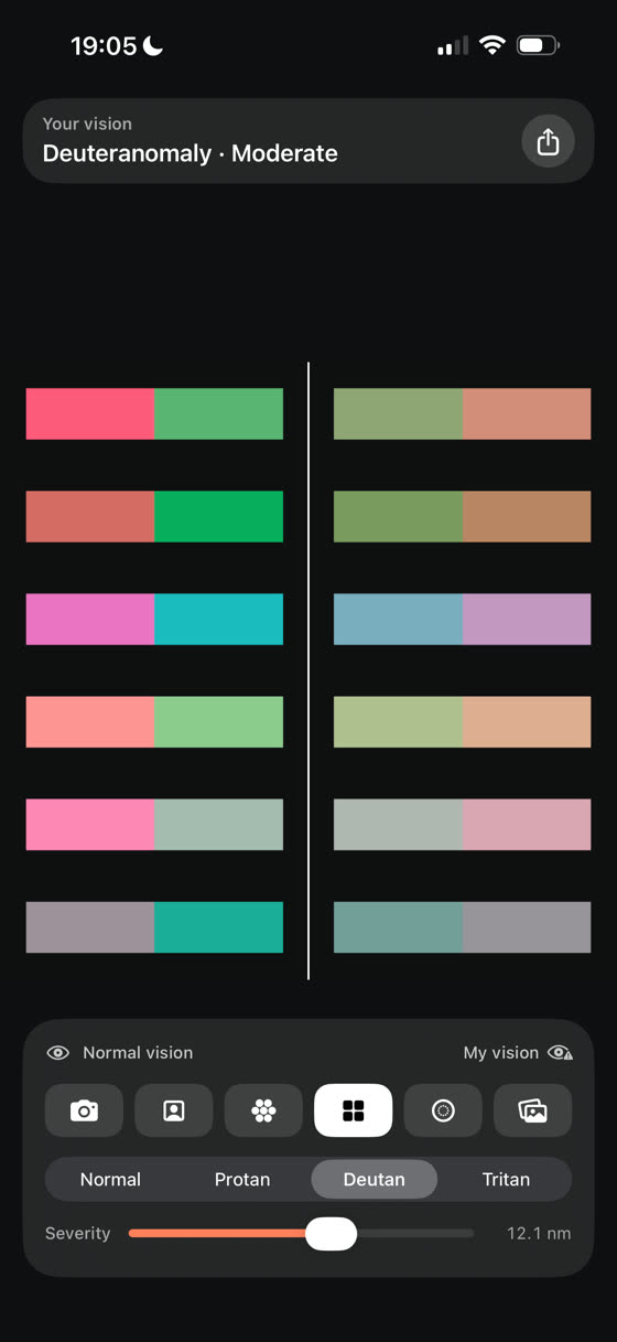 Parejas de colores que se confunden, con la interfaz de la app visible